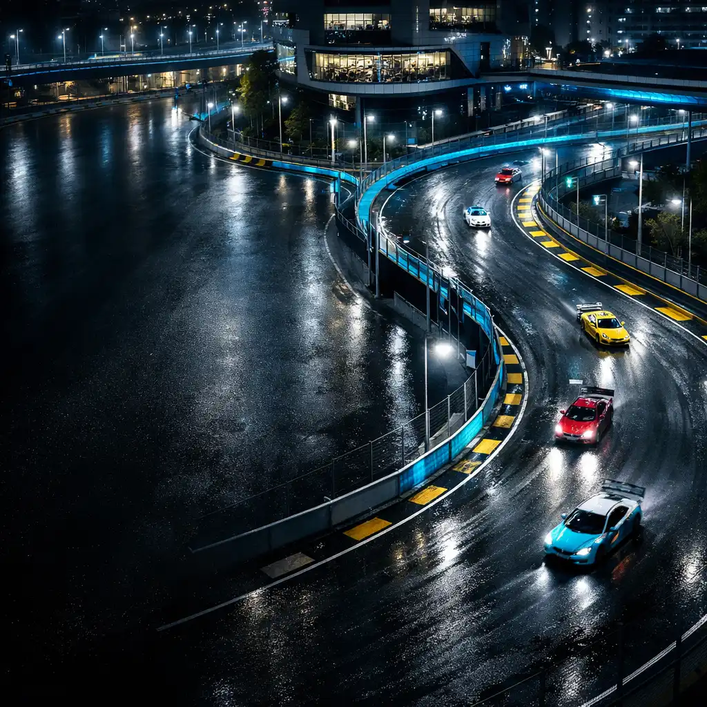 Vue aérienne d’un circuit urbain imaginaire de nuit sur chaussée humide