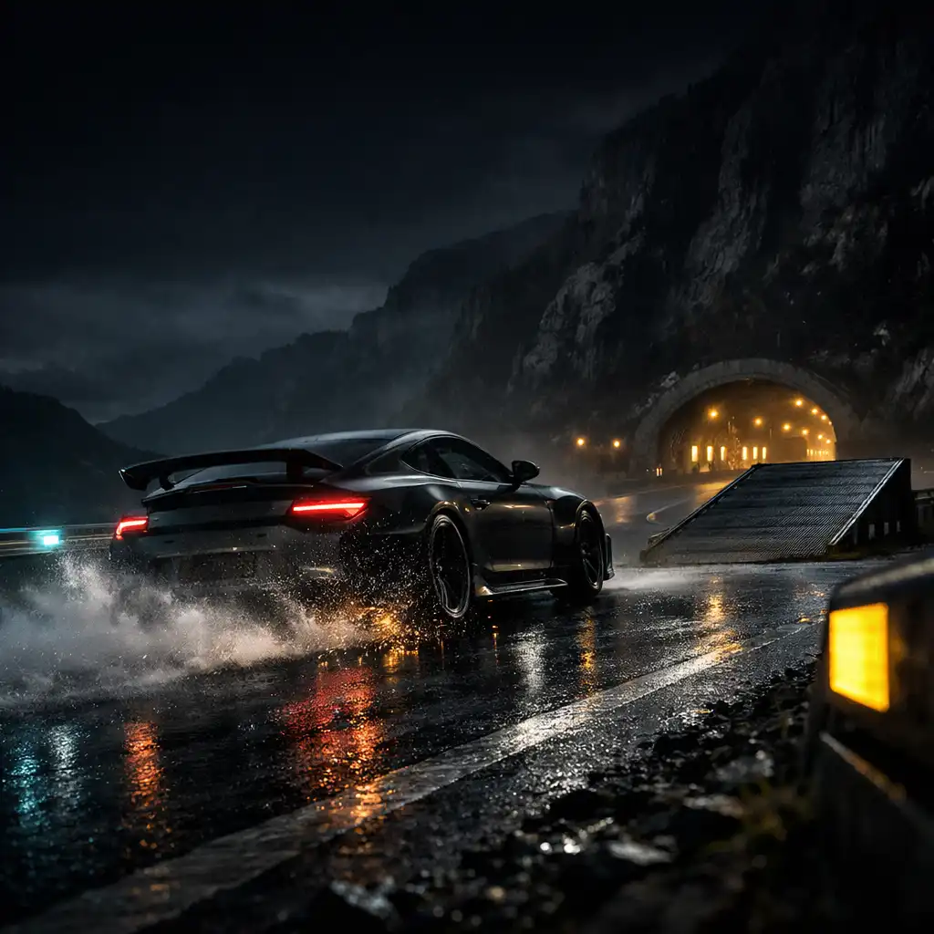 Voiture générique en dérive à l'approche d'une rampe sur une route de montagne nocturne