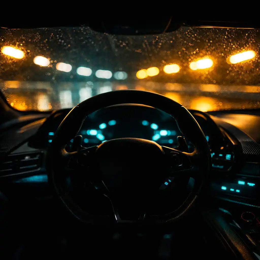 Cockpit sombre d’une voiture fictive, éclairé par la piste nocturne