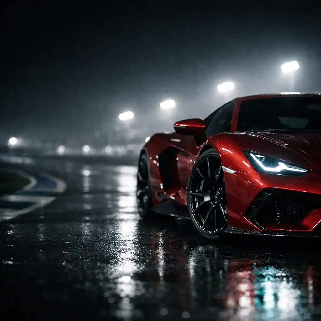 Supercar rouge générique sur un circuit nocturne après la pluie