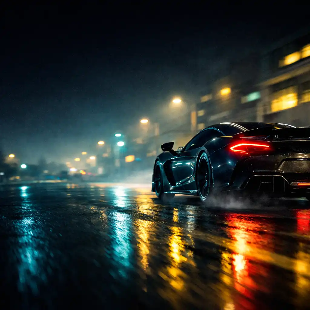 Supercar générique roulant de nuit sur une route urbaine mouillée