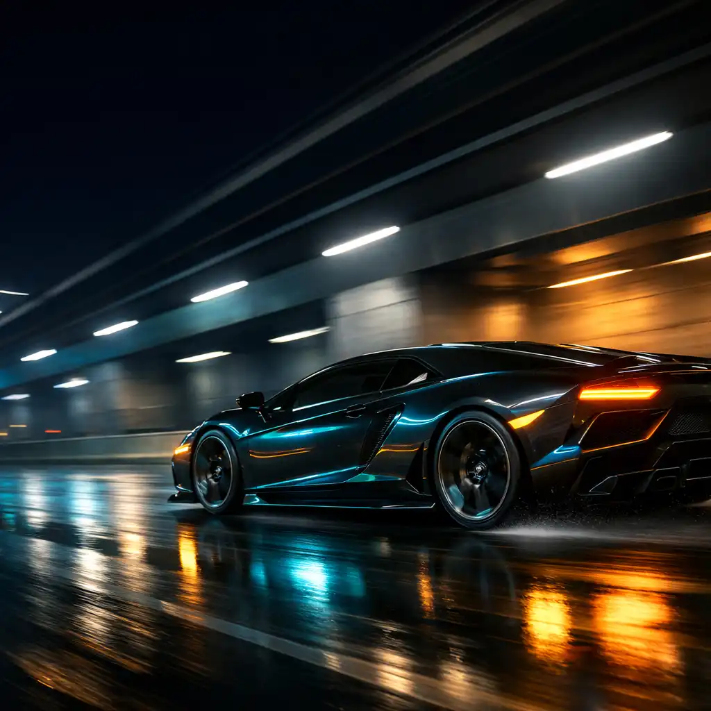 Supercar générique sombre traversant un tunnel urbain de nuit
