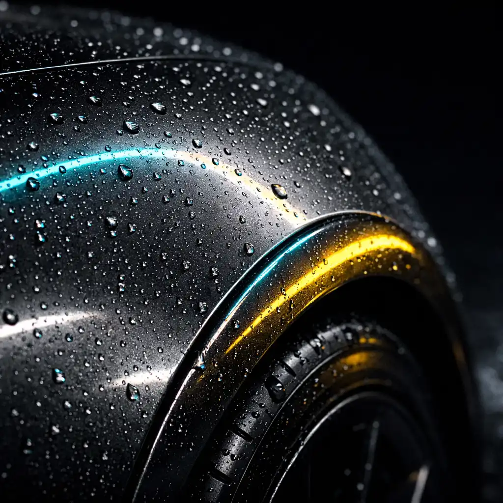 Gros plan sur la peinture graphite d’une voiture fictive sous la pluie