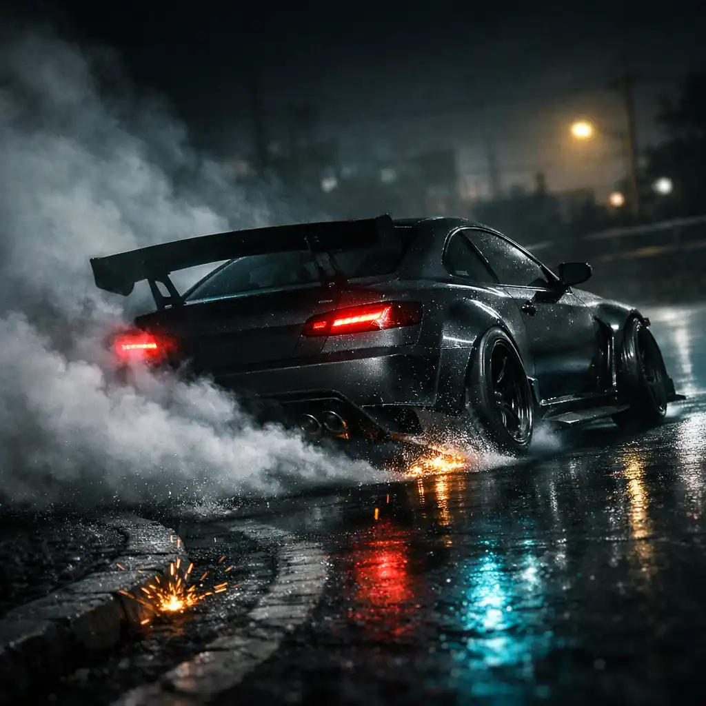 Voiture fictive en drift contrôlé dans un virage de nuit