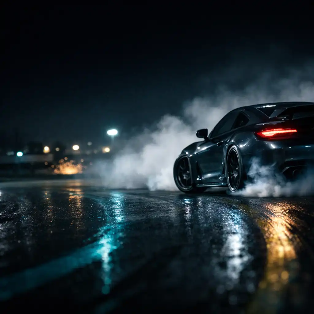 Visuel illustratif d’une voiture sportive générique en glisse dans un virage nocturne humide