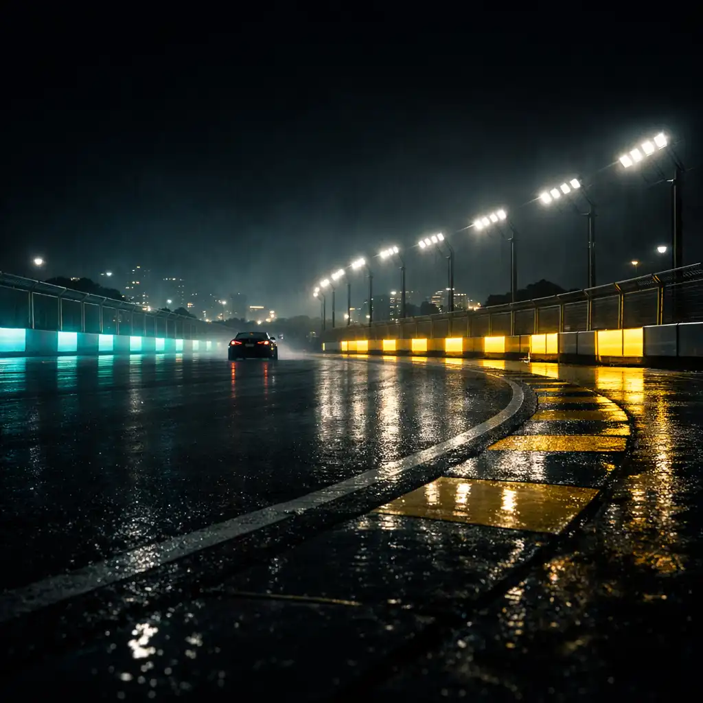 Virage d’un circuit fictif sous la pluie nocturne