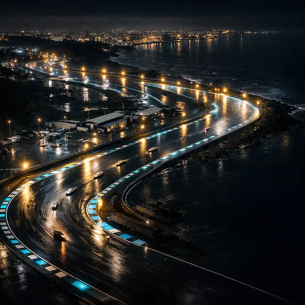 Vue aérienne d’un circuit fictif de nuit