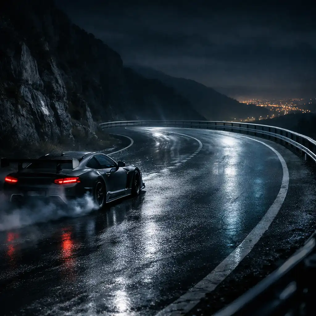 Visuel illustratif d’une voiture générique glissant dans un virage de montagne nocturne
