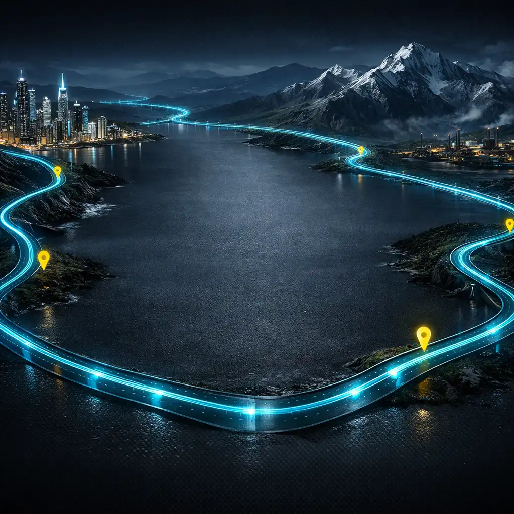 Carte routière éditoriale nocturne reliant une skyline urbaine, une route côtière, un relief et un quartier industriel stylisés.