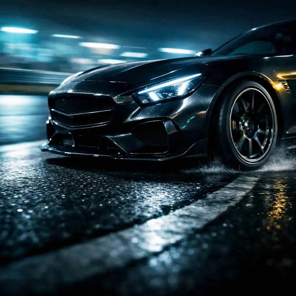 Voiture sportive générique en sortie de virage sur une piste nocturne humide.