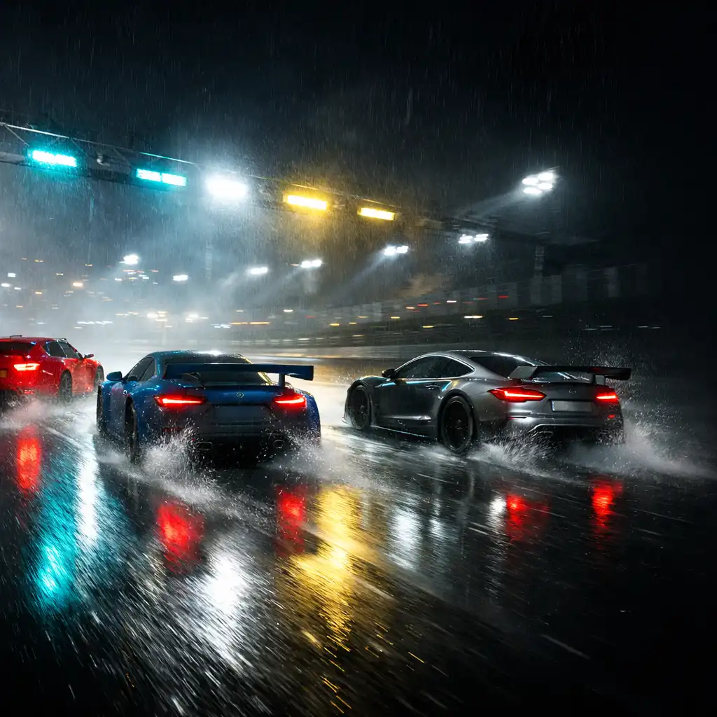 Quatre voitures fictives franchissent une arrivée nocturne sous la pluie et les néons.