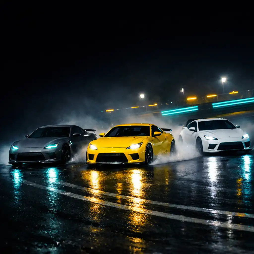 Trois voitures sportives fictives s’affrontent dans un virage de drift nocturne.