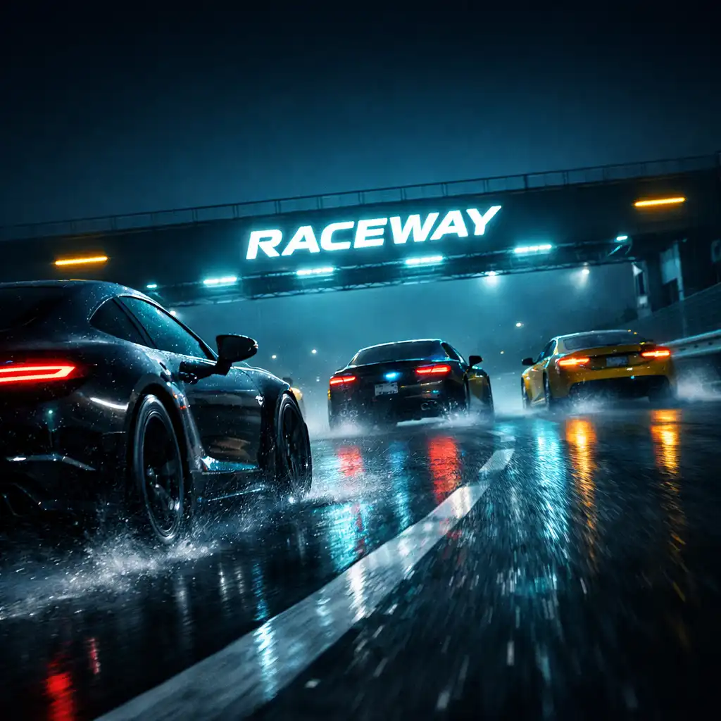 Une voiture sportive fictive dépasse deux rivales sur une route de course nocturne mouillée.