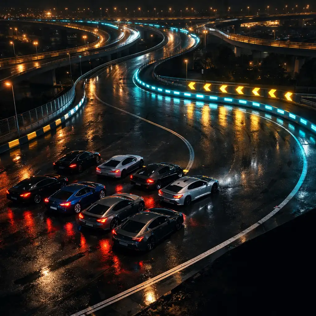 Vue aérienne de plusieurs voitures fictives regroupées sur un circuit urbain nocturne.