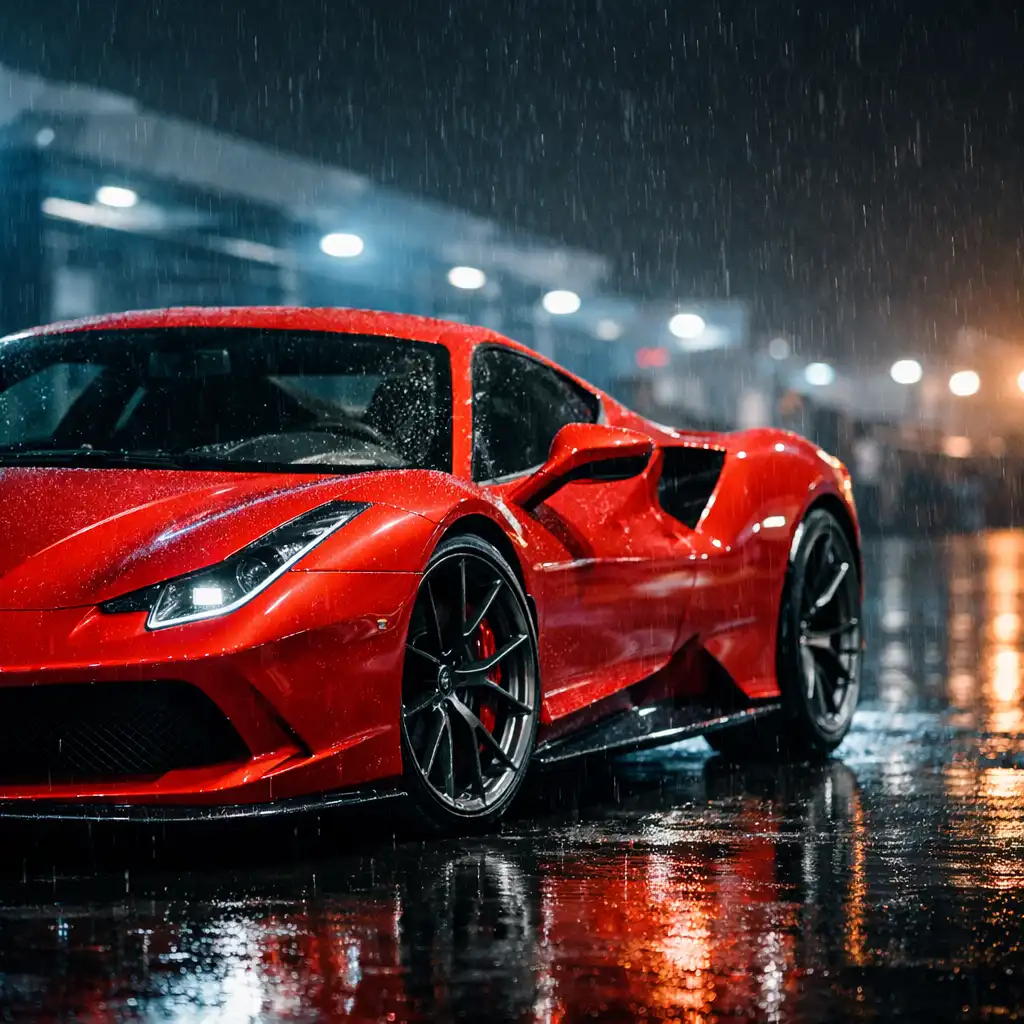 Supercar italienne rouge dans un paddock urbain de nuit