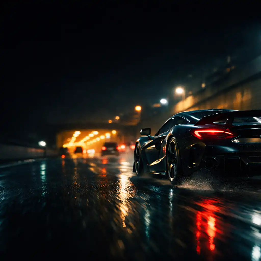 Supercar moderne poursuivant sa route sur une voie urbaine nocturne mouillée