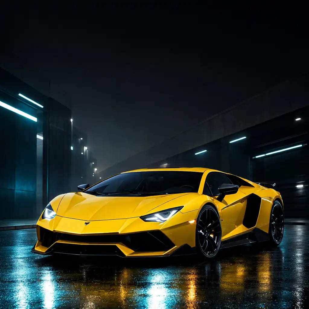 Supercar jaune anguleuse dans une rue futuriste nocturne