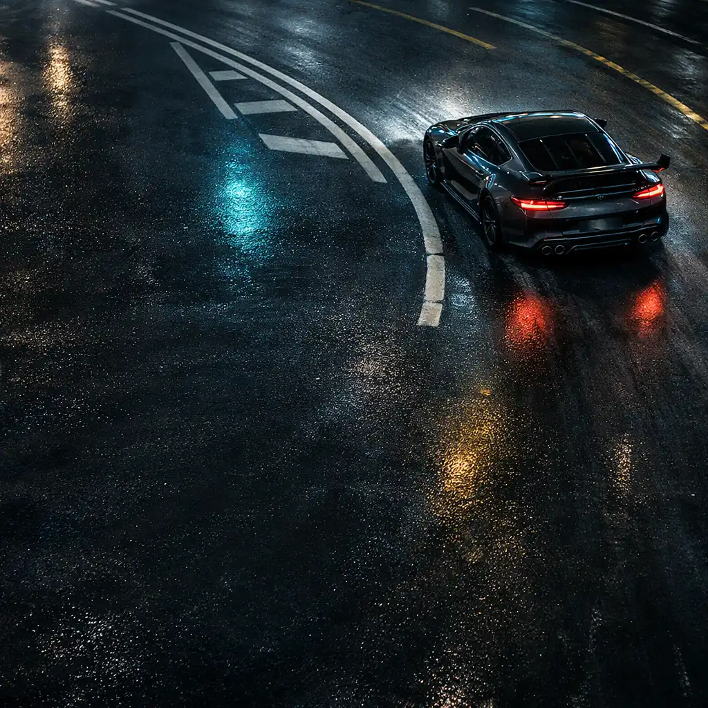 Vue aérienne d’une voiture sportive sur une avenue nocturne mouillée