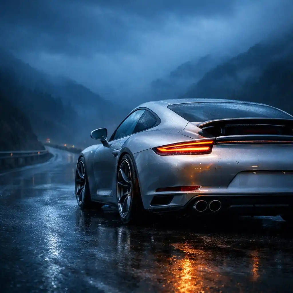 Coupé sportif argenté sur une route de montagne nocturne après la pluie